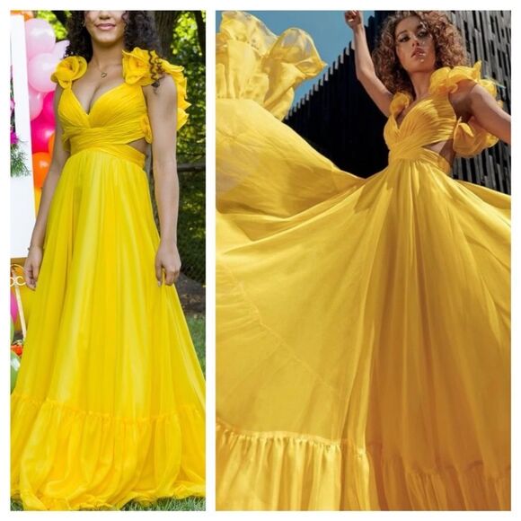 NWT Mac Duggal 67911 Yellow Ruffle Chiffon Cutout Maxi Dress size 0